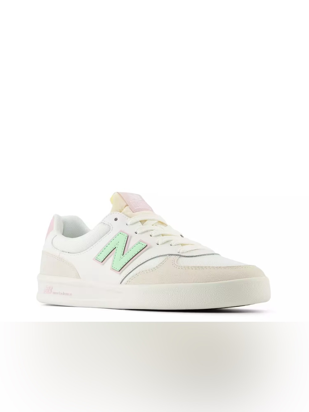 New Balance Women’s White Sneaker with Mint Green N and Pink Accents